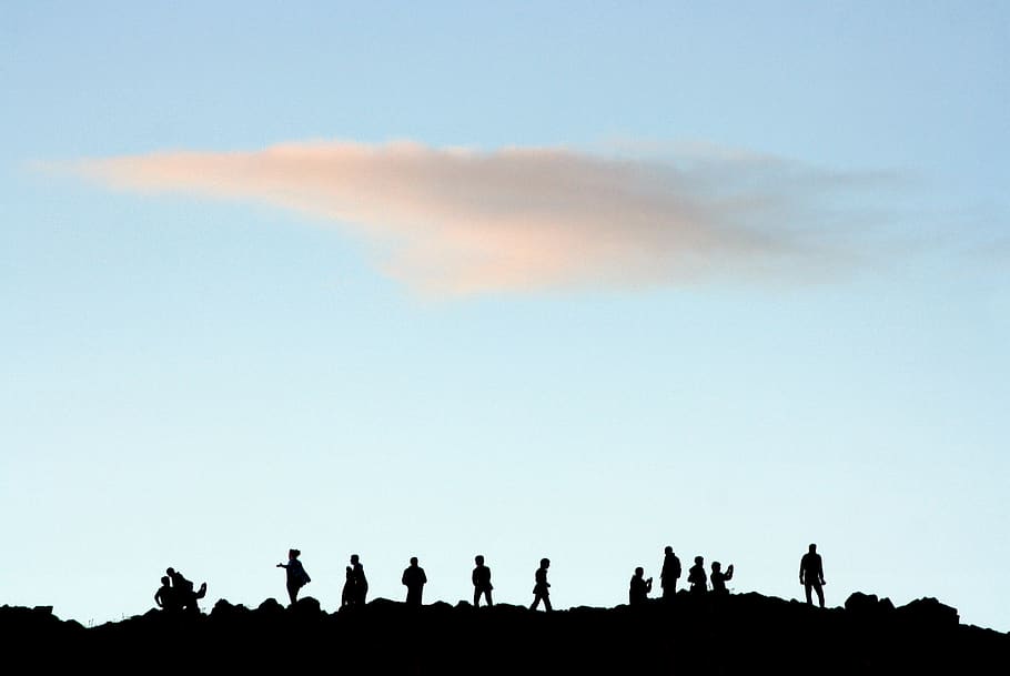 nature, landscape, sky, clouds, people, silhouette, blue, group HD wallpaper
