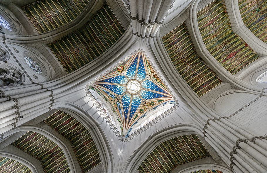 Low Angle Photography of Stained Glass Ceiling, arch, arches