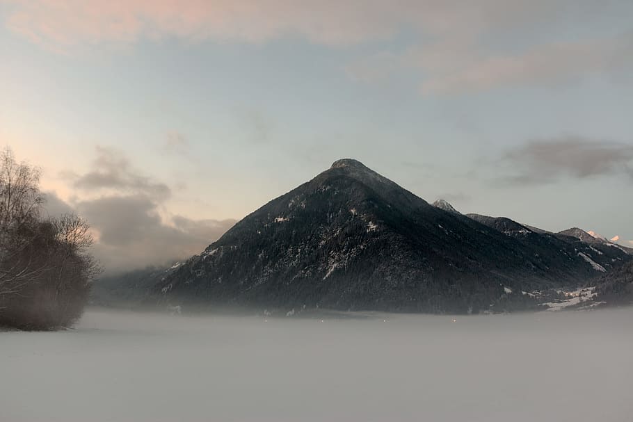 Black Mountain Under Cloudy Sky, clouds, cold, daylight, desktop wallpaper, HD wallpaper