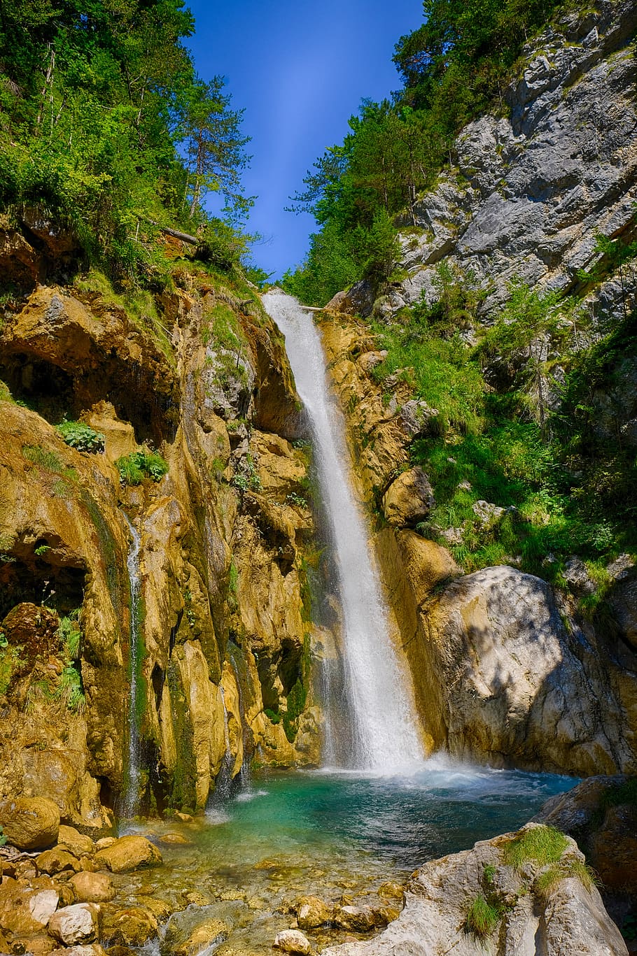 waterfall, river, bach, flow, movement, racing, rock, stones HD wallpaper