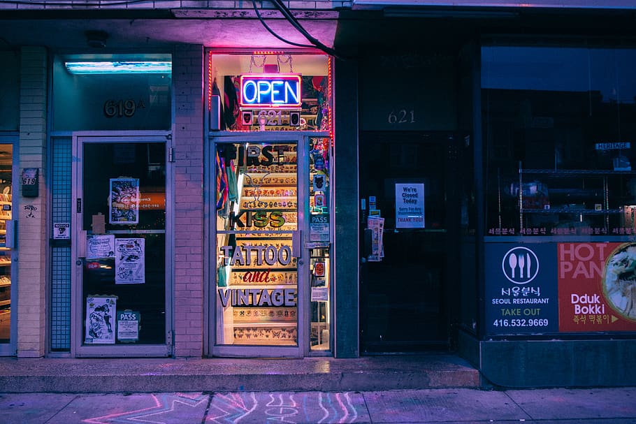 store with open neon lights, meal, food, toronto, canada, the annex