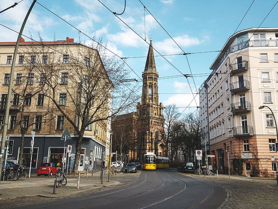 germany, berlin, mitte, old city, europe, catholic, yellow, HD wallpaper