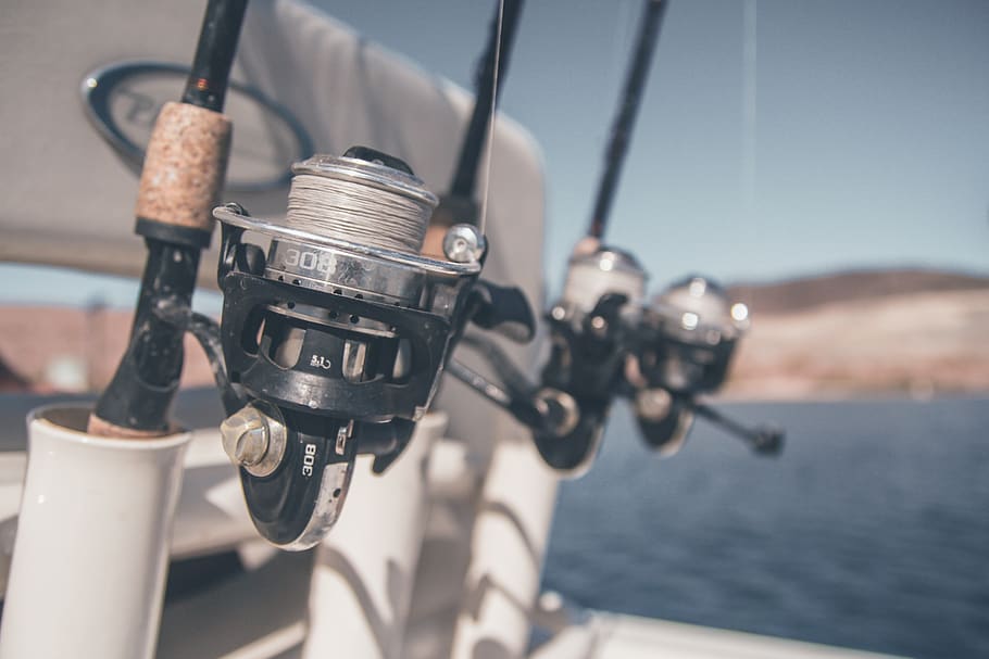 fishing reels, grey, boat, water, outdoors, machine, human, person HD wallpaper