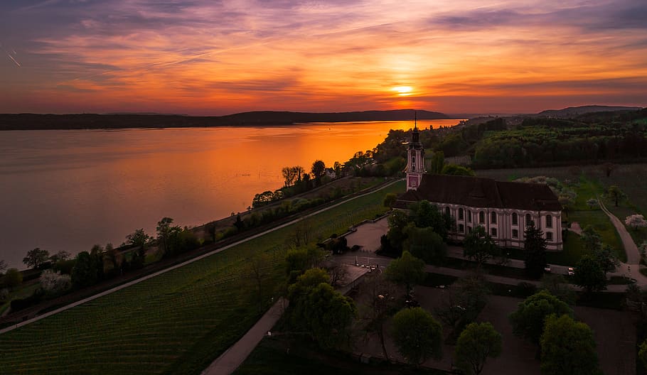 sunset, panorama, waters, dusk, evening, church, old architecture, HD wallpaper