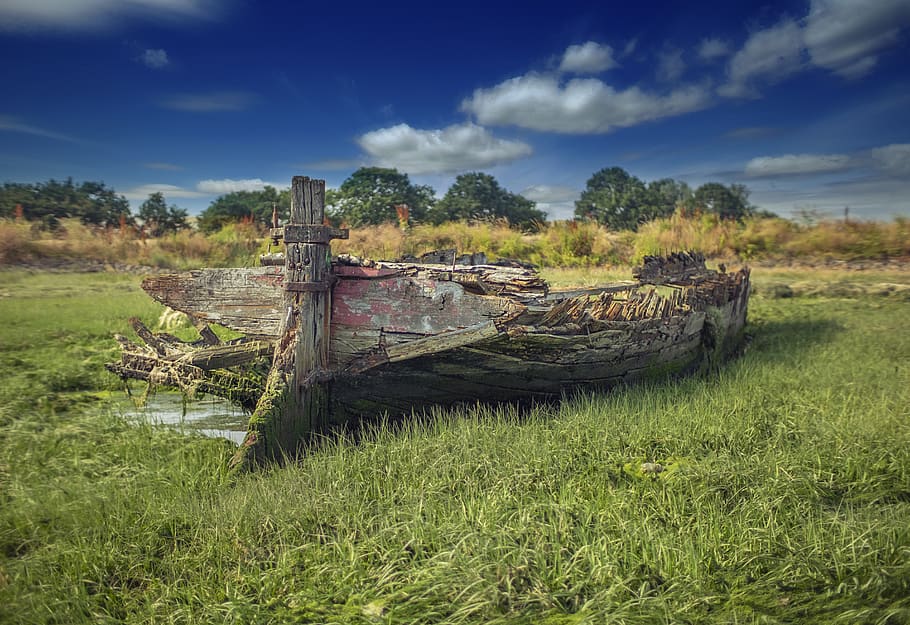 wrecked wooden boat on grass, ship, shipwreck, watercraft, vessel