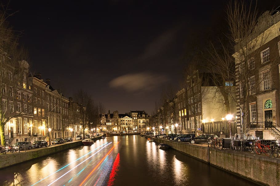 city, amsterdam, construction, architecture, building, river HD wallpaper