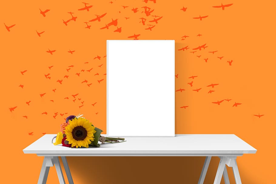 poster, frame, wall, desk, sunflower, indoors, no people, yellow HD wallpaper