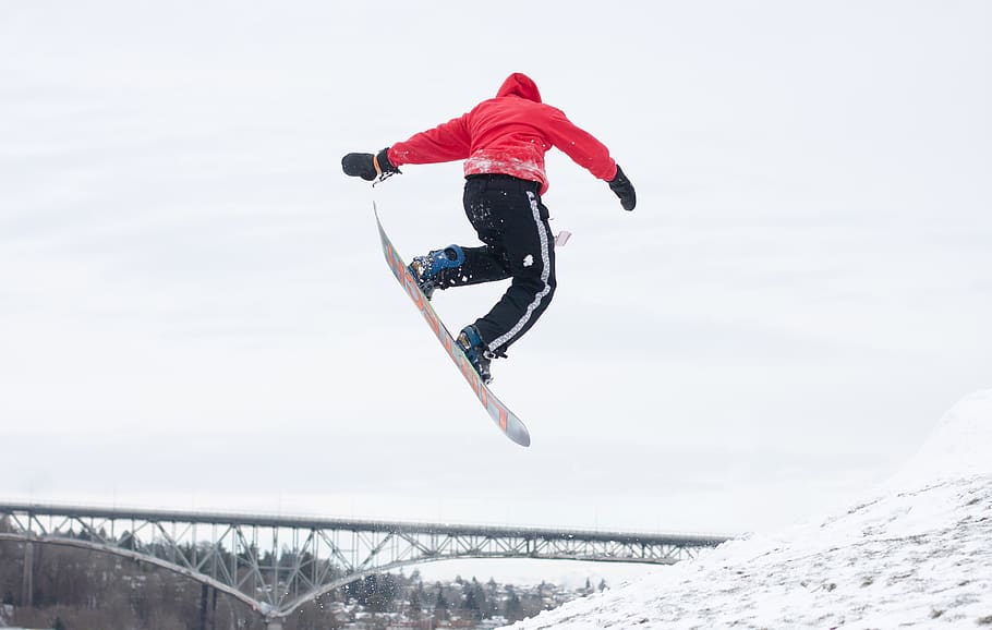 person jumps while in snowboard, winter, cold temperature, sport HD wallpaper