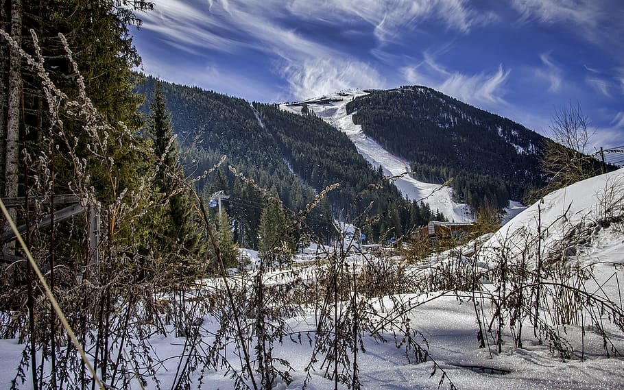 Green Mountain Covered With Snow, blue sky, clear sky, clouds HD wallpaper