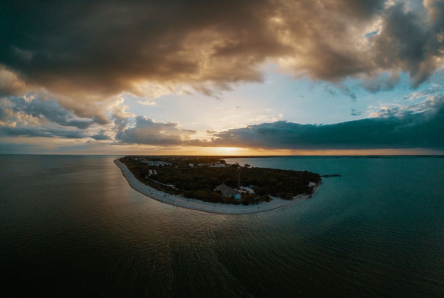 Island Under Cloudy Sky, beach, clouds, dawn, drone shot, evening HD wallpaper