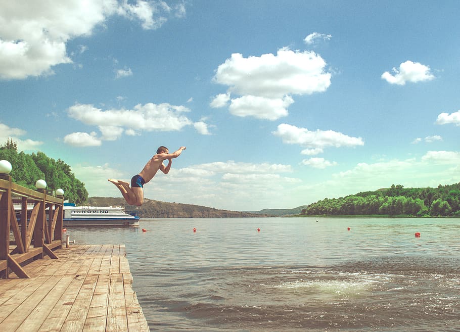 man diving on lake, human, person, people, bridge, boardwalk HD wallpaper