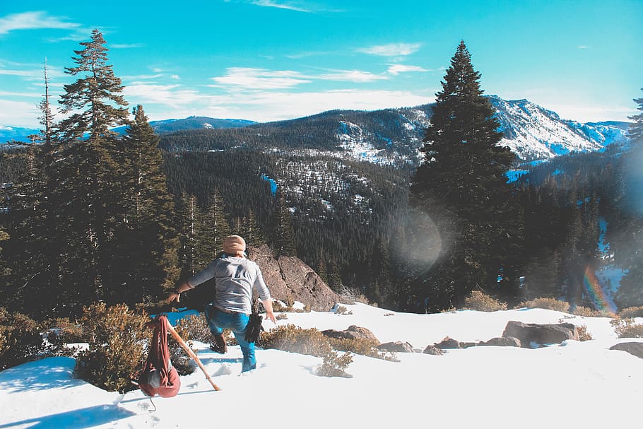 running, action, snow, hiking, snow hiking, mountain, trees HD wallpaper