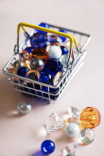 Assorted-color Ornaments in Gray Steel Crate, accessories, assortment HD wallpaper