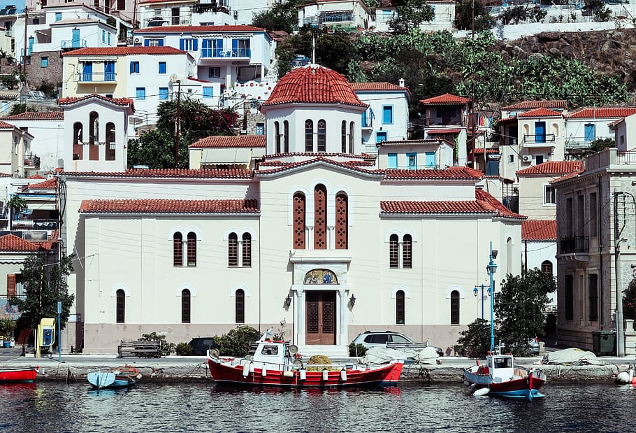 greece, porto heli - poros, church, sky, boat, yatch, sailing, HD wallpaper