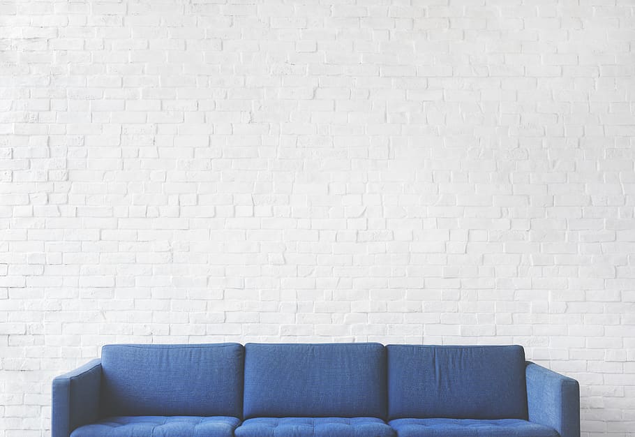 Blue Fabric 3-seat Sofa, brick wall, chair, couch, furniture, HD wallpaper