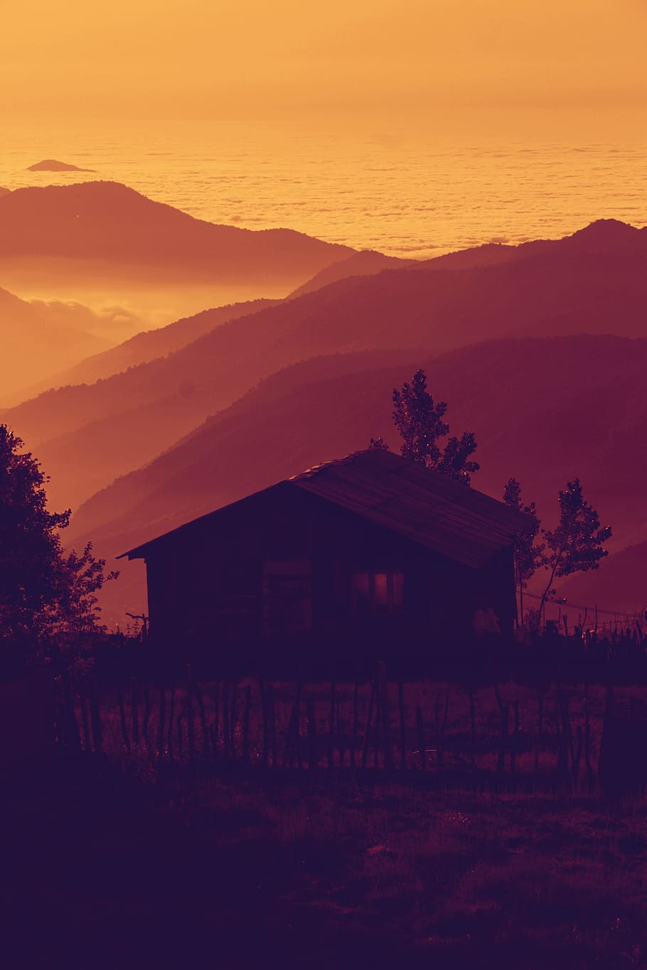 silhouette of brown house near mountains, building, ridge, range HD wallpaper