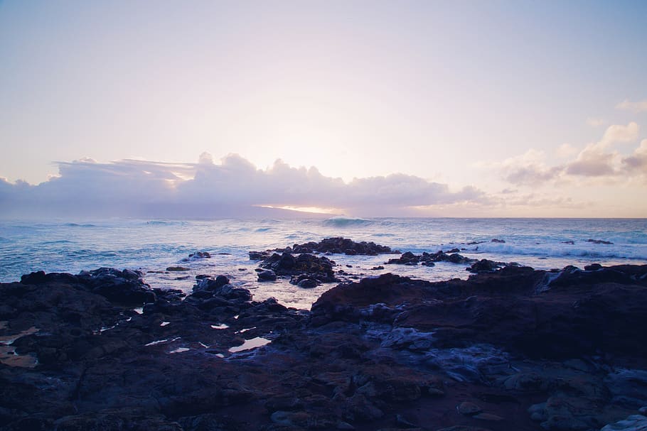 sunset, sky, ocean, sea, water, rocks, coast, shore, nature HD wallpaper