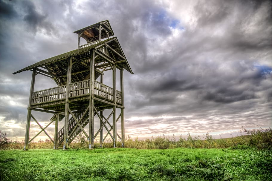 Scenic View at the Field, abandoned, architecture, building, clouds HD wallpaper