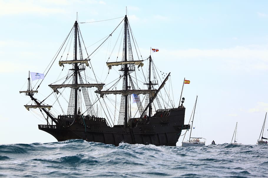 sea, blue, boat, wave, sky, clouds, horizon, el galleon santulucia HD wallpaper