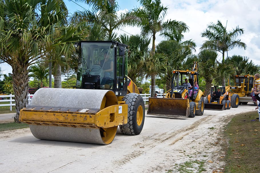 parade, construction equipment, roller, loader, backhoe, countryside HD wallpaper