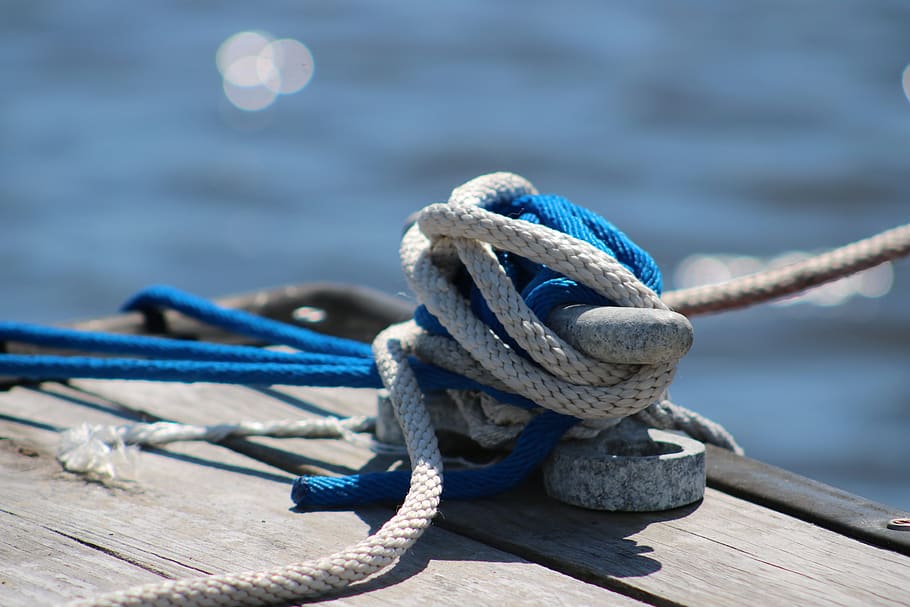 rope, cleat, marina, nautical, tie, dock, knot, blue, white, HD wallpaper