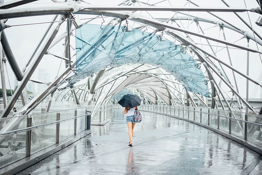 umbrella, rain, spiral, one person, real people, architecture HD wallpaper