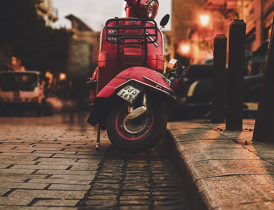 red automatic scooter parking on street during day time, machine, HD wallpaper
