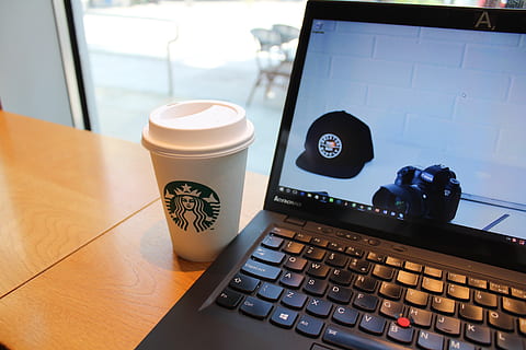 Black Lenovo Laptop Beside Starbucks Cup, coffee, commerce, connection HD wallpaper