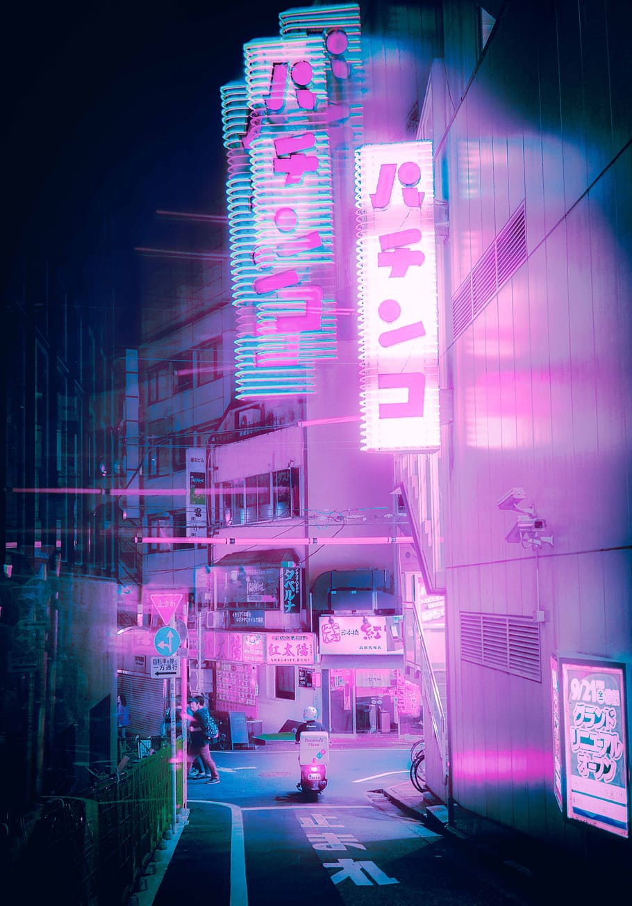 purple signage, building, night, evening, pink, architecture