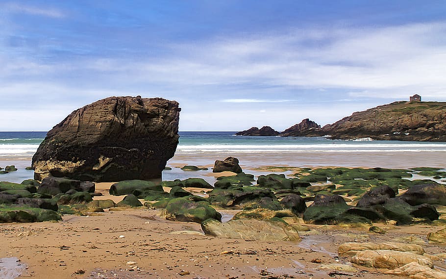 ocean, beach, sea, water, rock, rock - object, sky, solid, land HD wallpaper