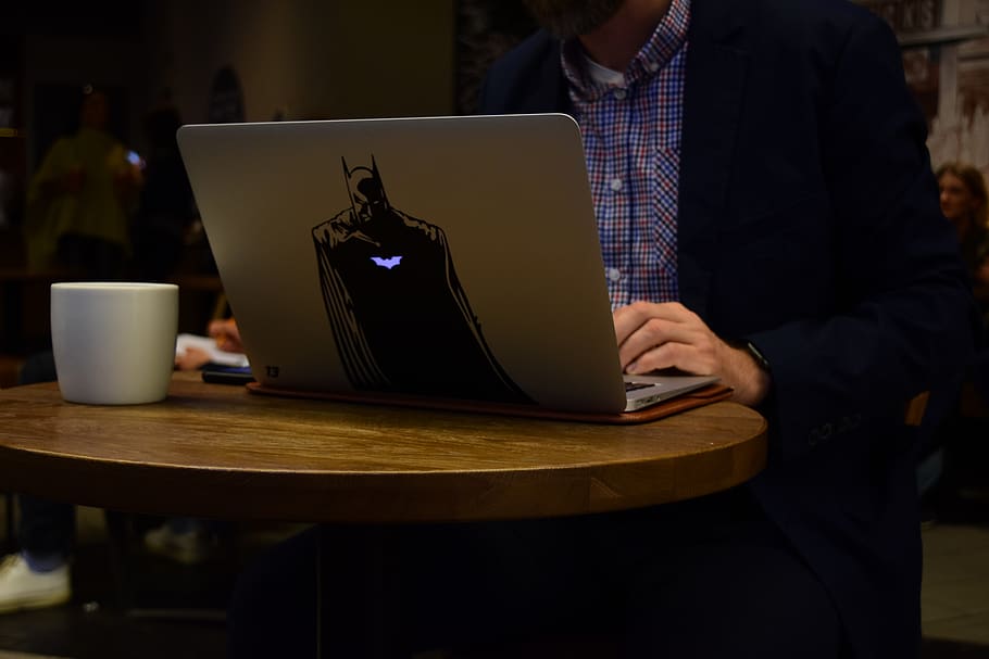 computer, work, batman, sticker, coffee, starbucks, guy, writing, HD wallpaper