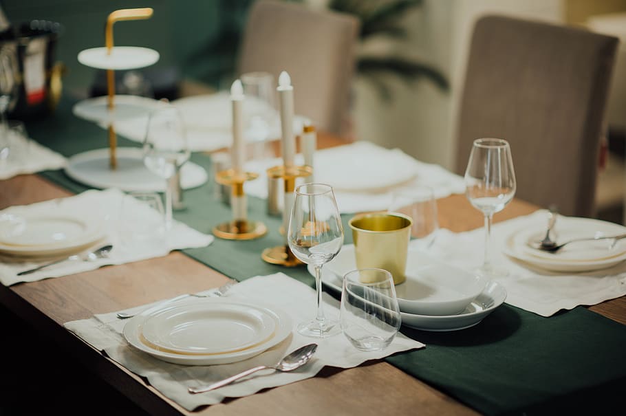 white ceramic dinnerware set on brown table, glass, setting, eating utensil HD wallpaper