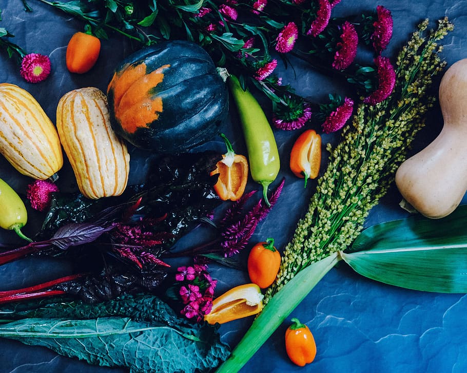 variety of vegetables, pumpkin, flatlay, harvest, chard, pepper HD wallpaper