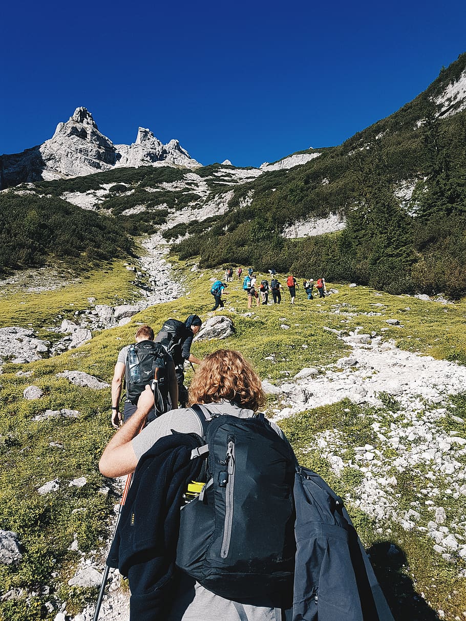Group People Hiking on Hill, adventure, backpacker, climb, daylight HD wallpaper