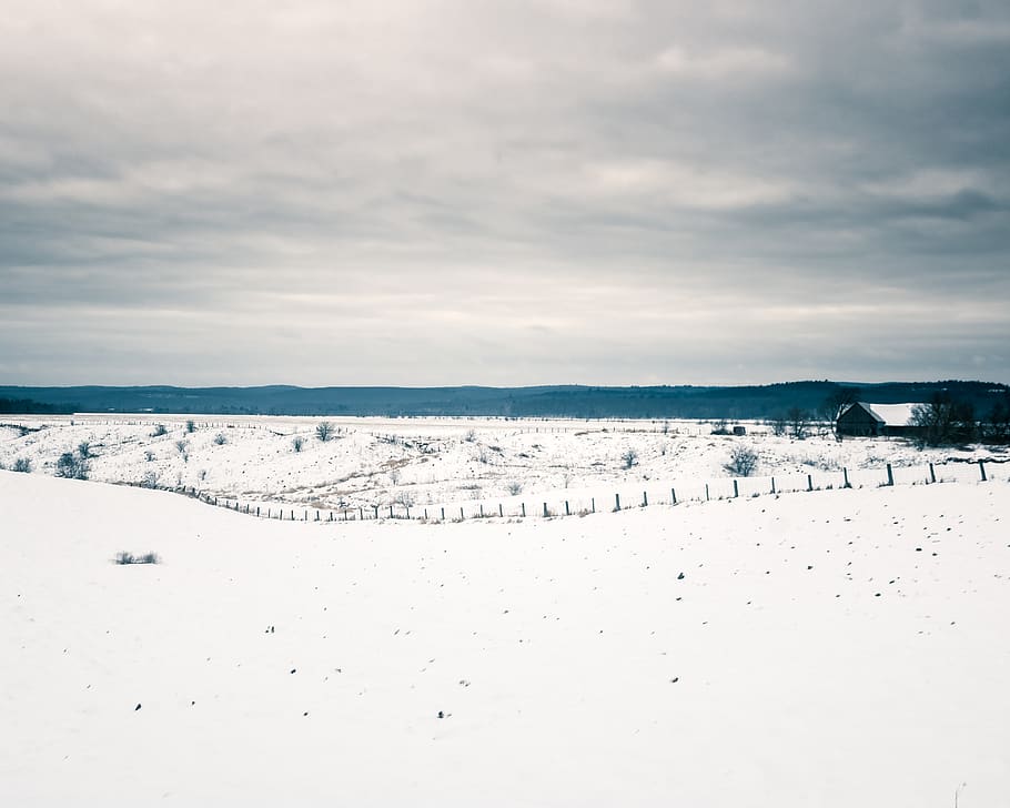 field covered with snow, nature, outdoors, building, land, scenery HD wallpaper