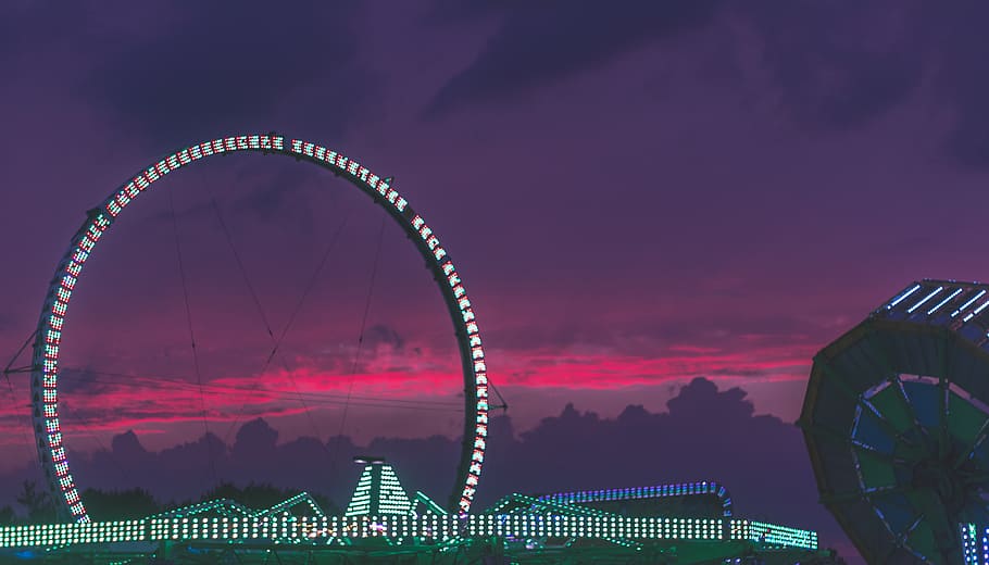 ferris wheel artwork, leisure activities, amusement park, town HD wallpaper