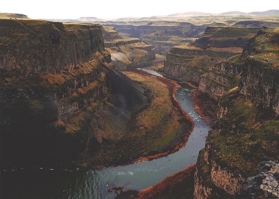 landscape, canyon, river, stream, cliffs, nature, hills, water HD wallpaper