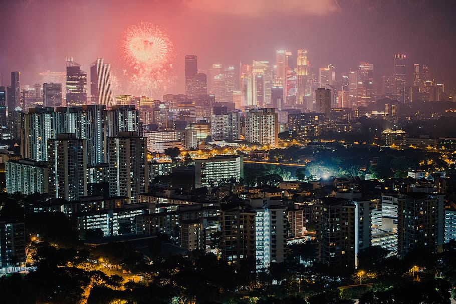 building light turned-on during night time, firework, city, skyline HD wallpaper