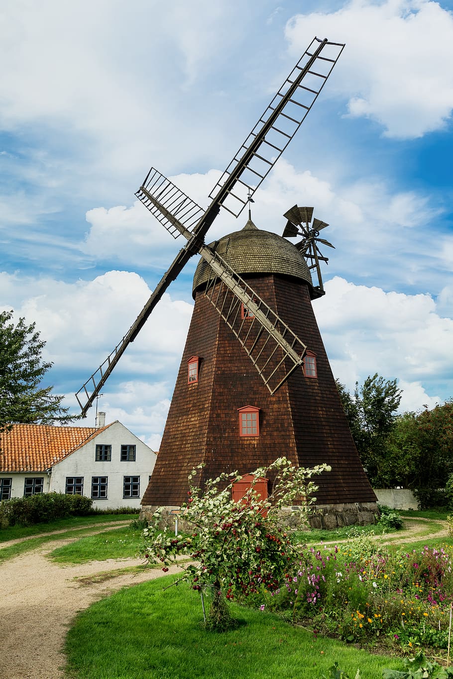 windmill, clouds, house, garden, trees, tower windmill, old HD wallpaper