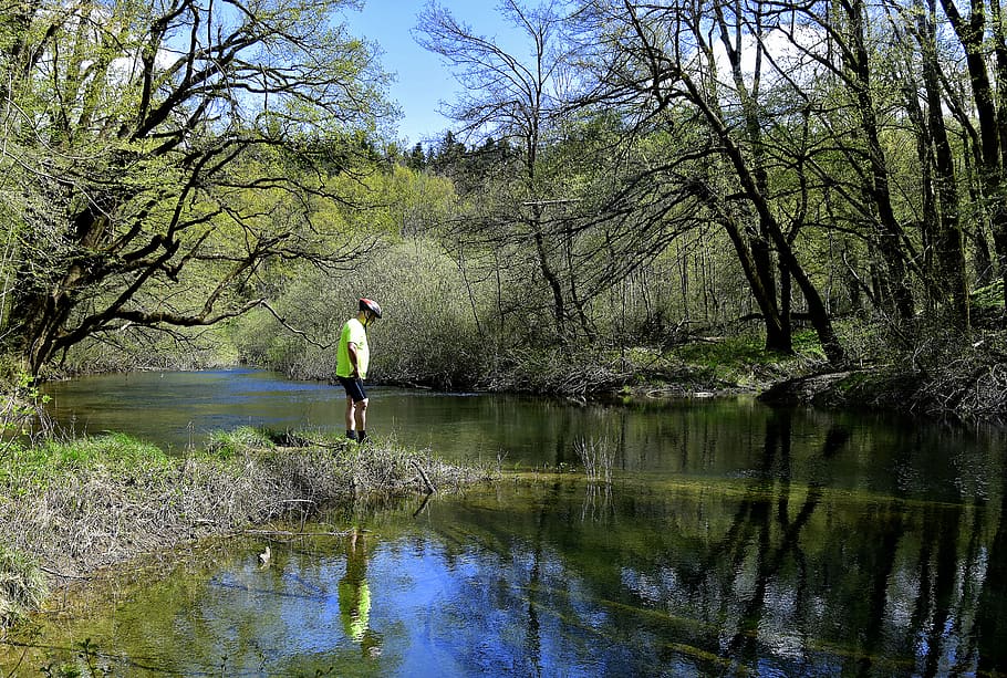 river, tree, water, real people, plant, one person, reflection HD wallpaper