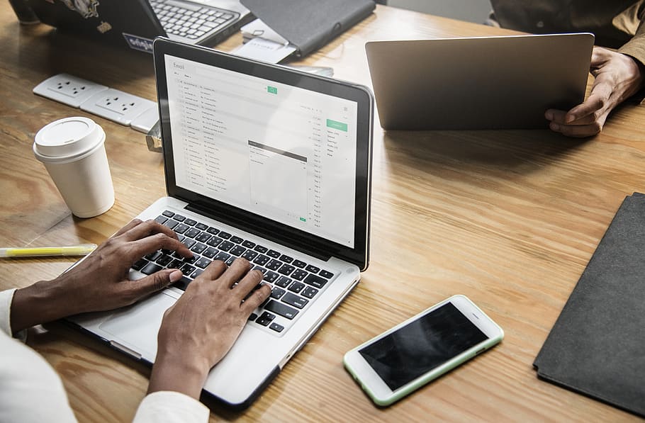 Person Using Macbook Pro Beside Iphone, coffee, colleagues, device HD wallpaper