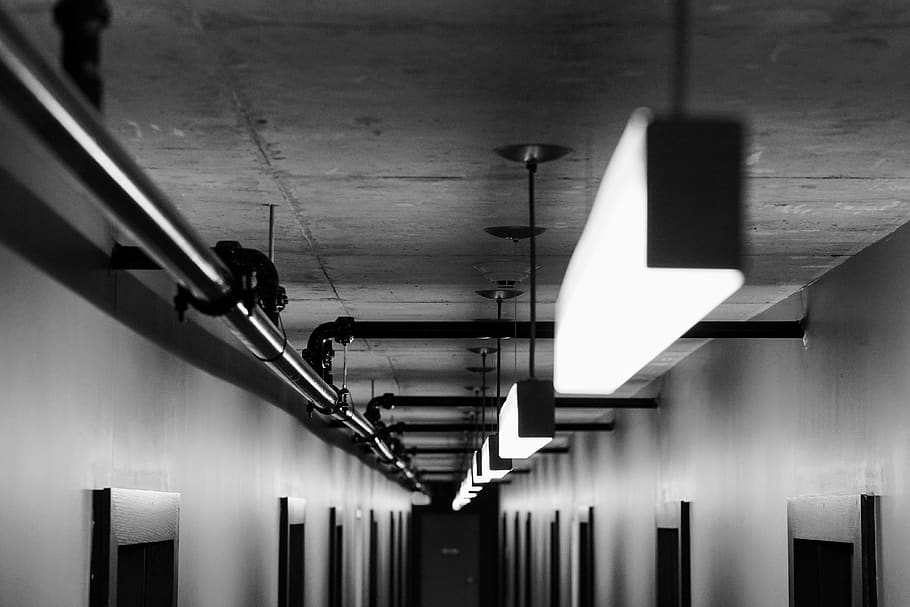hallway, ceiling, lights, pipe, pipes, black and white, doors HD wallpaper