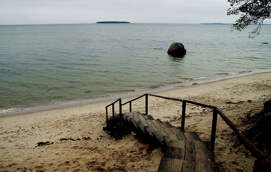Brown Wooden Stairs Near Body of Water, beach, clouds, daylight HD wallpaper