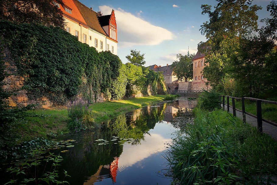 architecture, travel, waters, tree, river, old, sky, house HD wallpaper