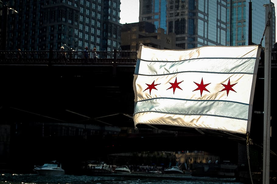 chicago, united states, buildings, syscraper, flag, water, bridge HD wallpaper