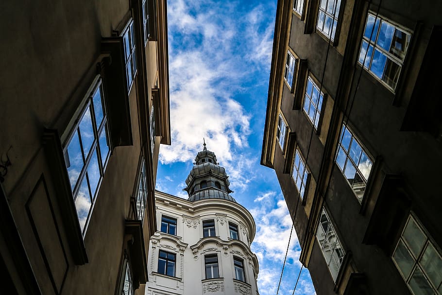 austria, vienna, reflection, sky, view, cloud, tower, architecture HD wallpaper