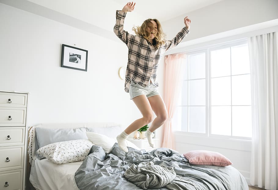 Woman Jumping On The Bed, bedroom, fun, indoors, person, pillows HD wallpaper