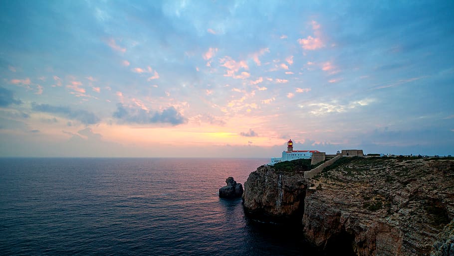 portugal, sagres, sea, seascape, lighthouse, landscape, sunset, HD wallpaper