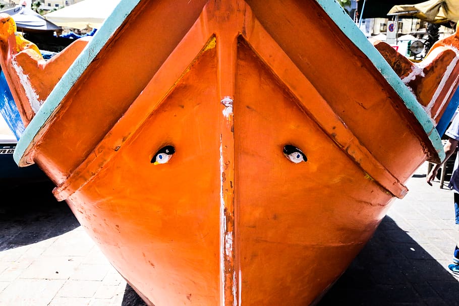 malta, marsaxlokk, boat, orange, birght, eyes, fishing, transportation, HD wallpaper