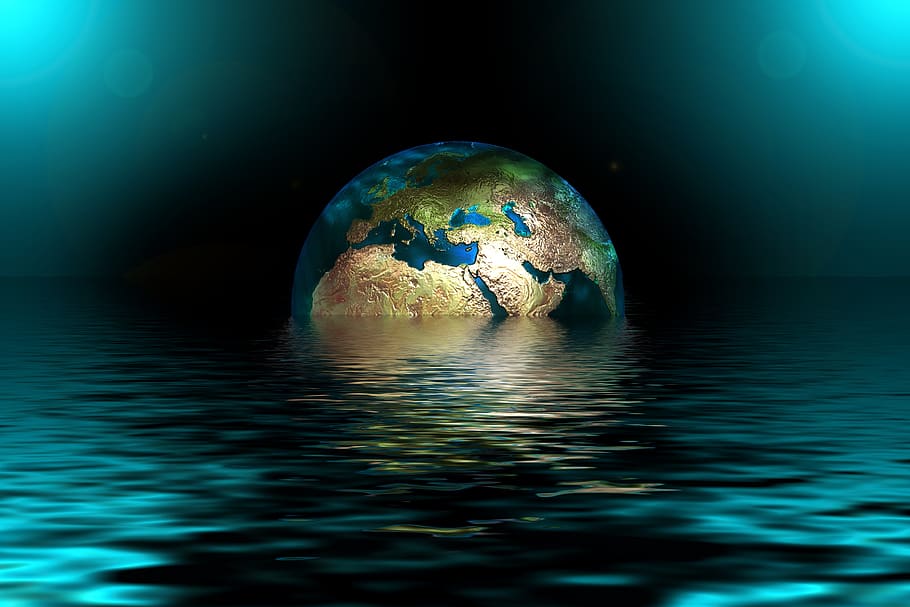 earth, globe, water, wave, sea, lake, setting, apocalypse, energy, HD wallpaper